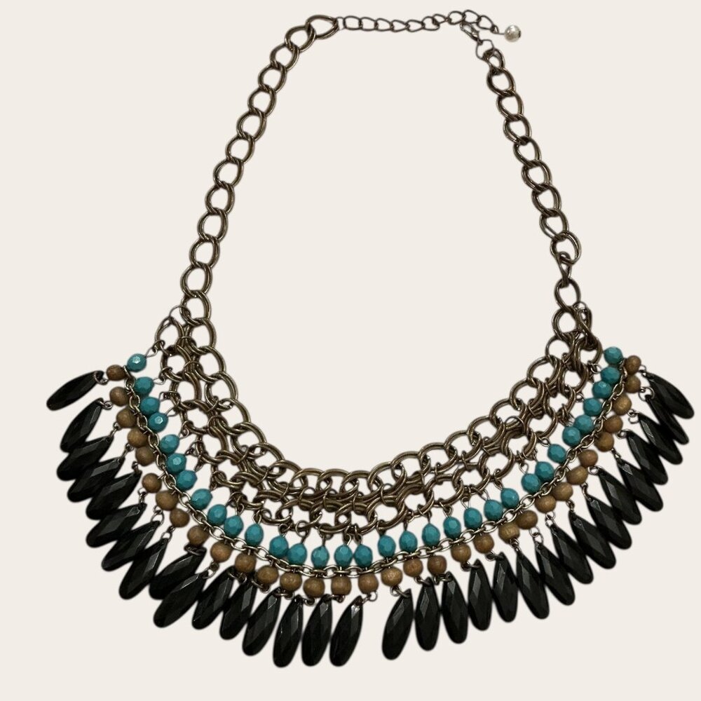 Boho Statement Necklace With Black Beads & Turquoise Accents 20" Adjustable Chai